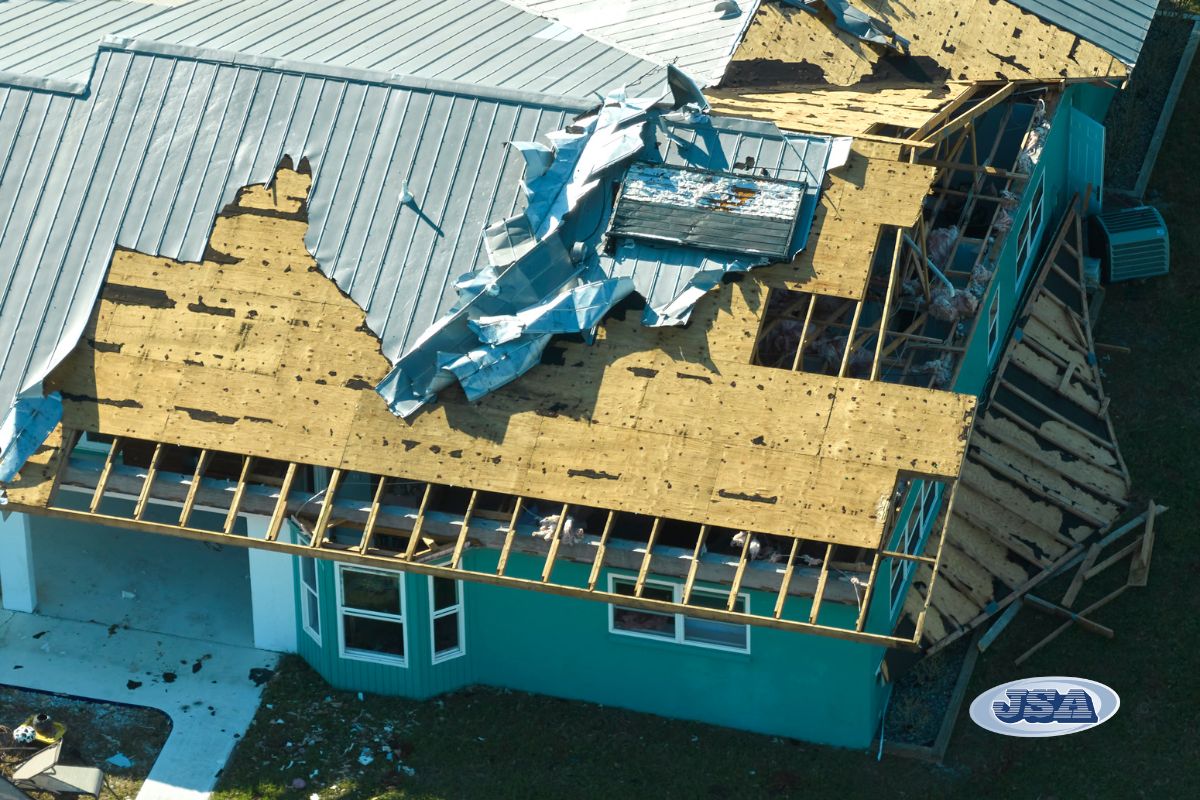 Partially-covered roof with wind damage